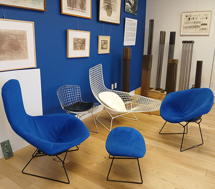 Bird chair, Diamond chair, Assymetric Chaise Lounge, and tonals and monotypes.